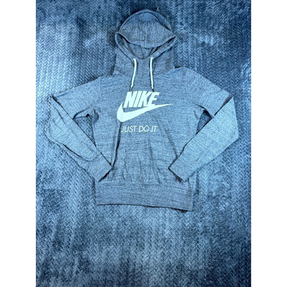 Nike Just Do It Hoodie Womens Medium Heather Gray Graphic Logo Athletic Pullover